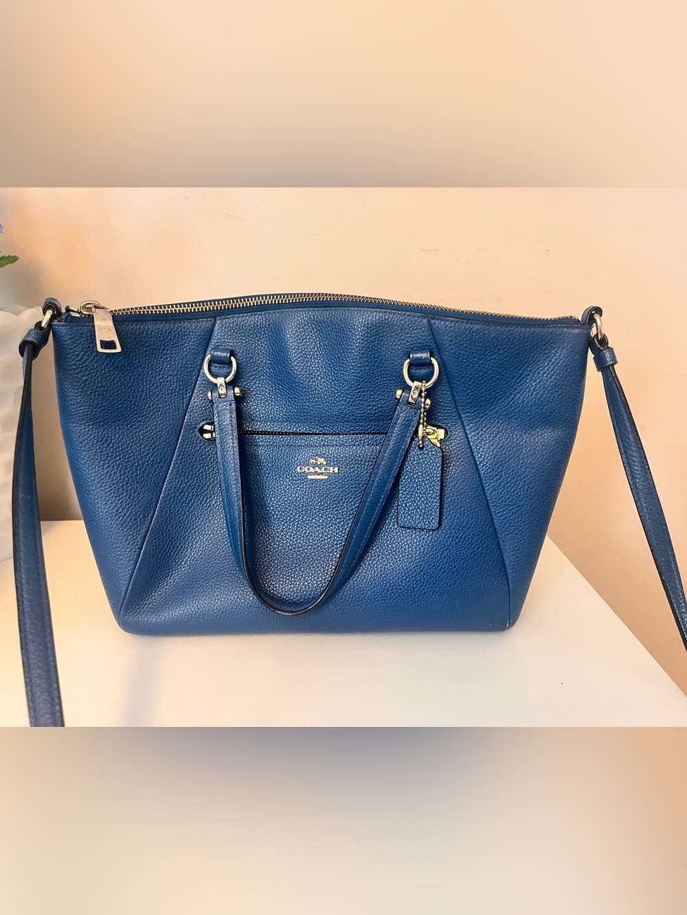 Coach Blue Pebbled Leather Prairie Satchel with Crossbody Strap